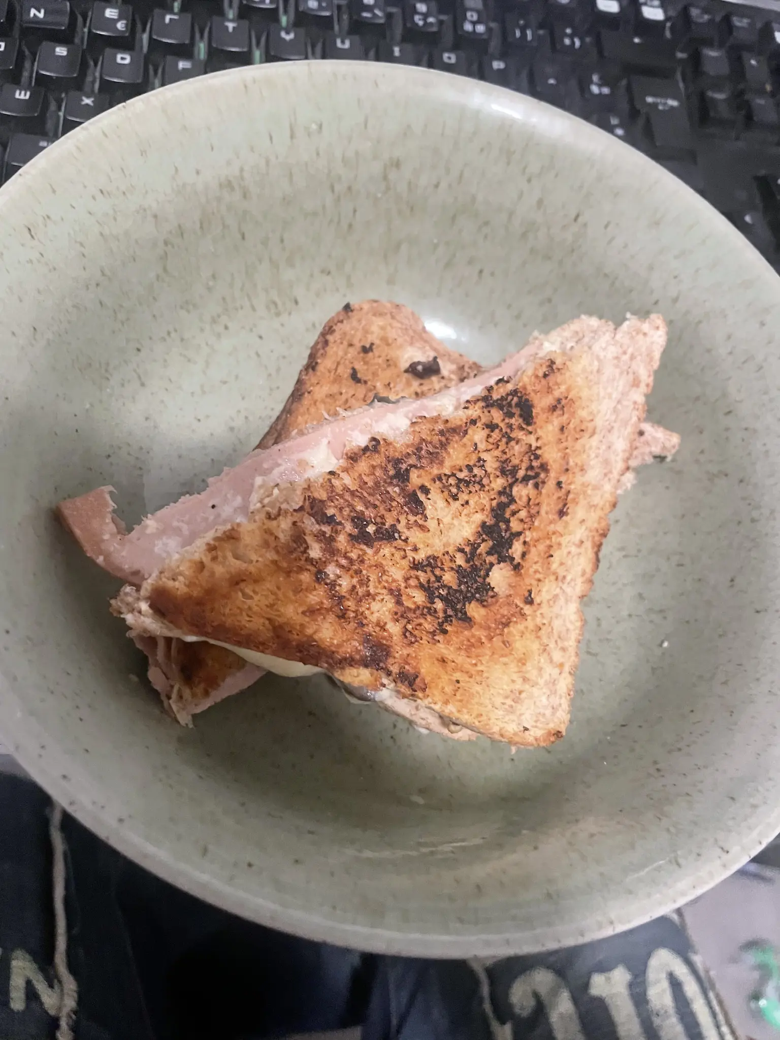 Une photo montrant une assiette contenant deux grilled cheese un peu miserable on va pas se mentir