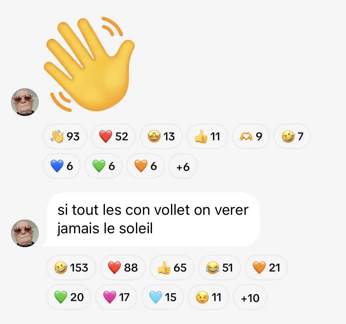 une conversation comprenant un seul interlocuteur et deux messages. Le premier contient une main jaune faisant un salut. Le deuxième dit : « si tous les cons volaient, on verrait jamais le soleil » avec une orthographe horrible.
