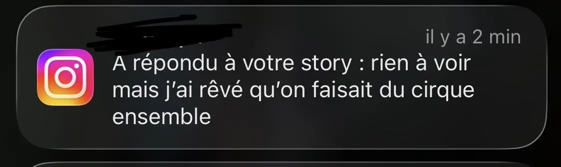une notification Instagram contenant la phrase suivante : « a répondu à votre story : rien à voir mais j’ai rêvé qu’on faisait du cirque ensemble »